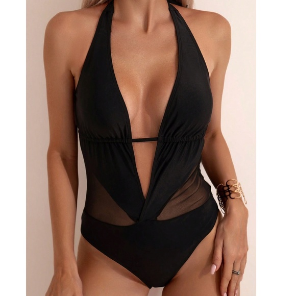 Plunging Neck Cut out Halter Monokini One piece Swimsuit - Picture 3 of 9
